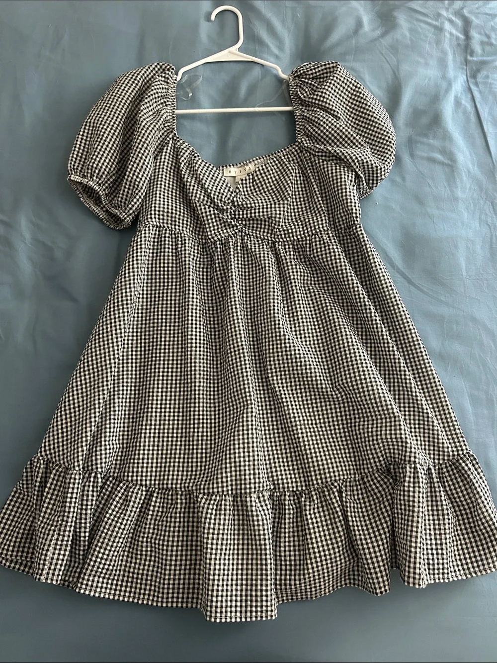 Girls Black & White Gingham Puff-Sleeve Dress